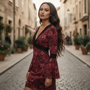 Wet Seal Vintage Y2K Dress Sz Small Red Black Vneck Bell Sleeve Vampy Goth USA